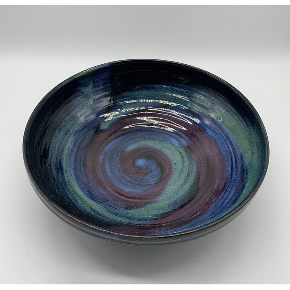 Studio Galaxy Art Pottery 11” Bowl Artist Signed Blue Purple Green - Picture 2 of 7